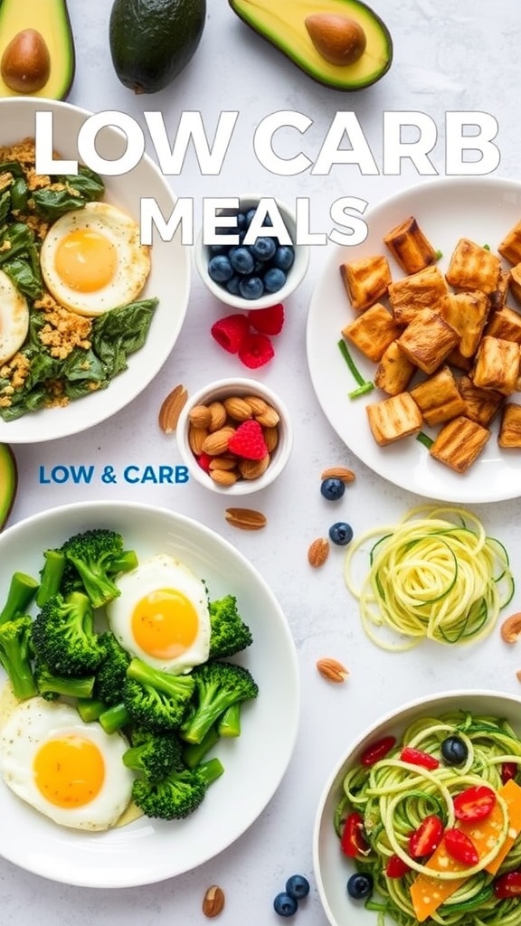 A selection of low carb meals including spinach eggs, grilled chicken, and zucchini noodles on a table with fresh ingredients.